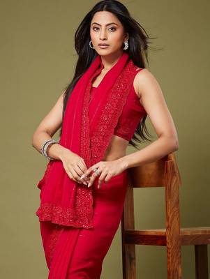 Red embellished embroidered poly georgette designer saree 1
