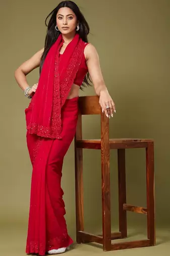 Red embellished embroidered poly georgette designer saree