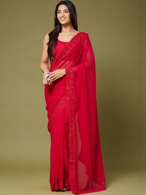 Red embellished embroidered poly georgette designer saree 3