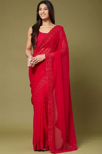 Red embellished embroidered poly georgette designer saree