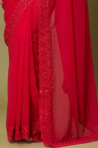 Red embellished embroidered poly georgette designer saree