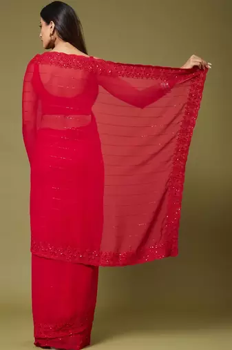 Red embellished embroidered poly georgette designer saree