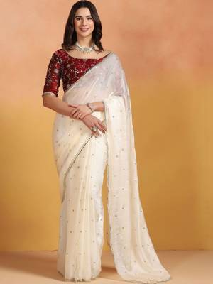 Off white embellished mirror work satin designer saree 1