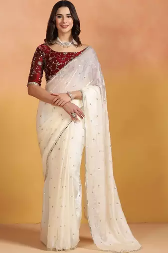 Off white embellished mirror work satin designer saree