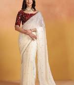 Off white embellished mirror work satin designer saree