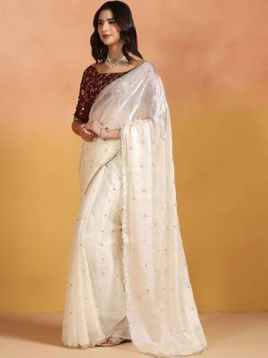 Off white embellished mirror work satin designer saree 2
