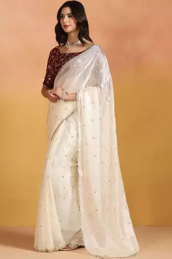 Off white embellished mirror work satin designer saree