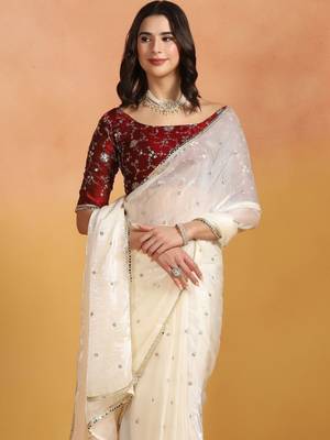 Off white embellished mirror work satin designer saree 3
