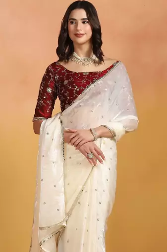 Off white embellished mirror work satin designer saree