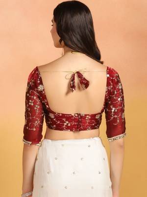 Off white embellished mirror work satin designer saree 4
