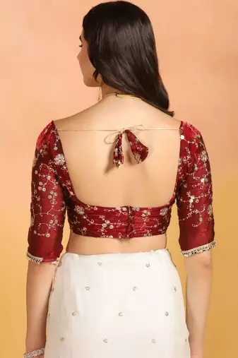 Off white embellished mirror work satin designer saree