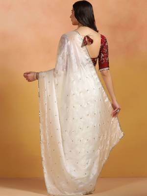 Off white embellished mirror work satin designer saree 5