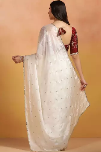 Off white embellished mirror work satin designer saree