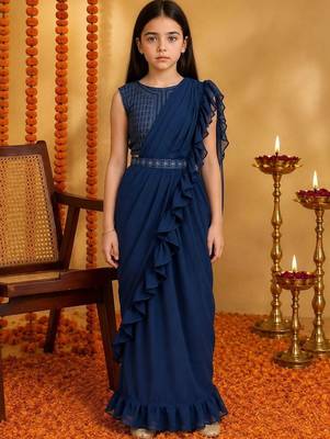 Navy blue  georgette designer kanjeevaram lehenga saree with attachable dupatta 1