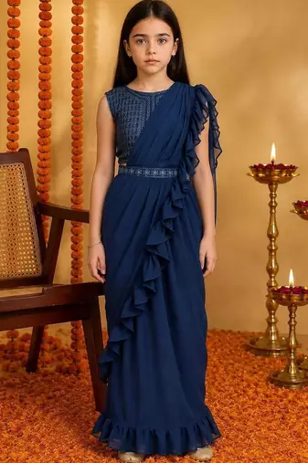 Navy blue  georgette designer kanjeevaram lehenga saree with attachable dupatta