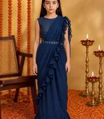 Navy blue  georgette designer kanjeevaram lehenga saree with attachable dupatta