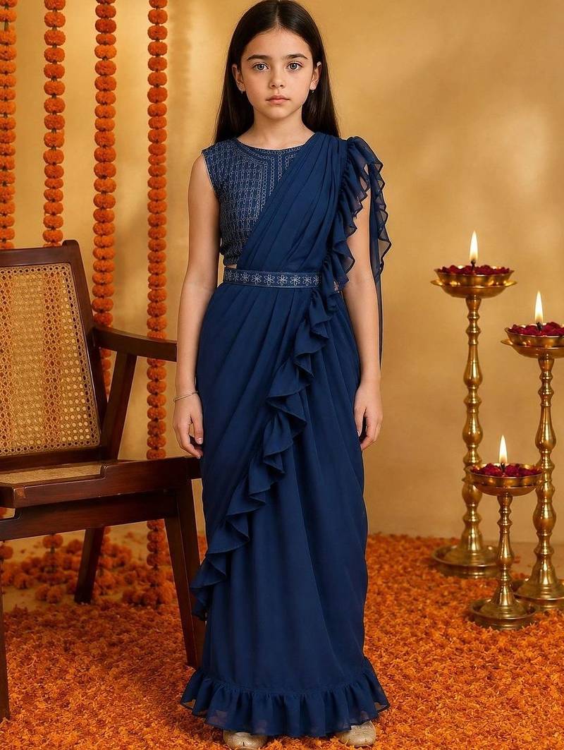Navy blue  georgette designer kanjeevaram lehenga saree with attachable dupatta