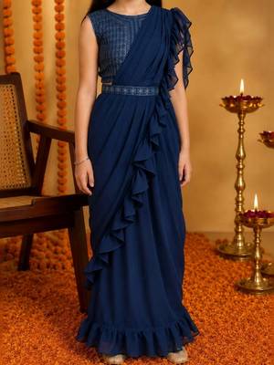 Navy blue  georgette designer kanjeevaram lehenga saree with attachable dupatta 2