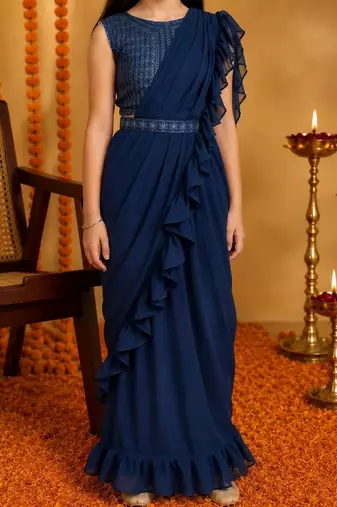 Navy blue  georgette designer kanjeevaram lehenga saree with attachable dupatta