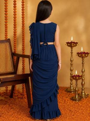 Navy blue  georgette designer kanjeevaram lehenga saree with attachable dupatta 3