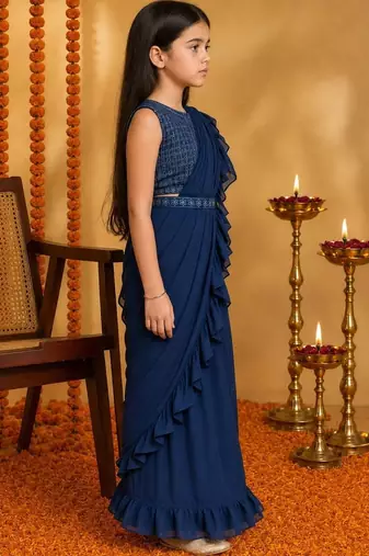 Navy blue  georgette designer kanjeevaram lehenga saree with attachable dupatta