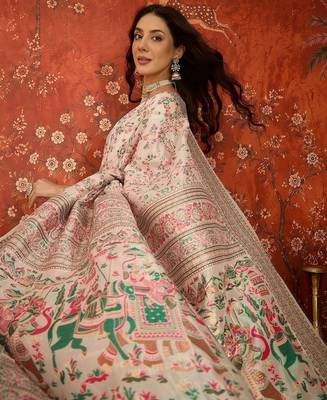 Off white woven design embroidered silk blend jamdani saree 1