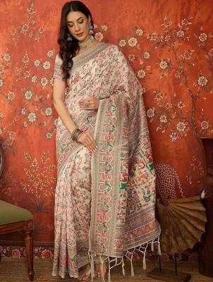 Off white woven design embroidered silk blend jamdani saree 2
