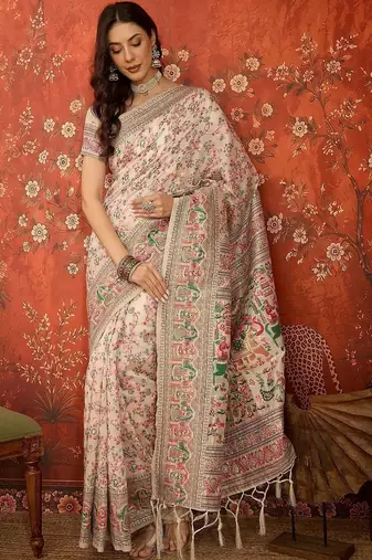 Off white woven design embroidered silk blend jamdani saree