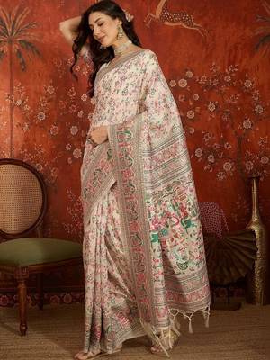 Off white woven design embroidered silk blend jamdani saree 3