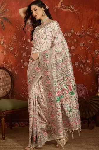 Off white woven design embroidered silk blend jamdani saree