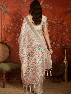 Off white woven design embroidered silk blend jamdani saree 4