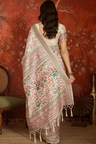 Off white woven design embroidered silk blend jamdani saree