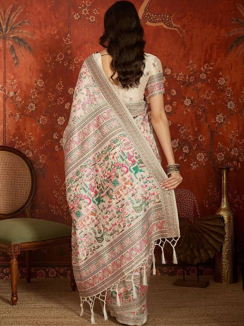 Off white woven design embroidered silk blend jamdani saree