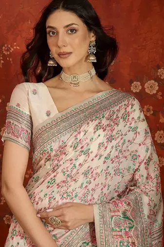 Off white woven design embroidered silk blend jamdani saree