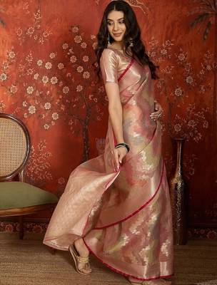 Peach woven design zari tissue handloom banarasi saree 1