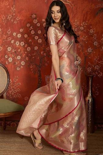 Peach woven design zari tissue handloom banarasi saree