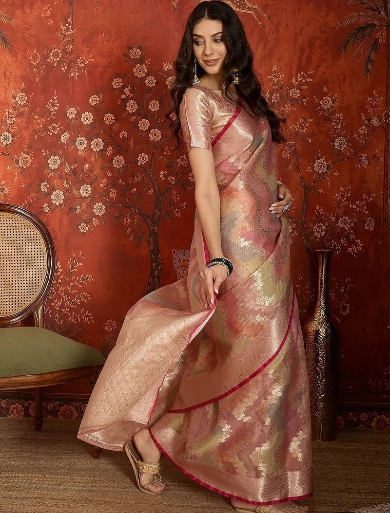 Peach woven design zari tissue handloom banarasi saree