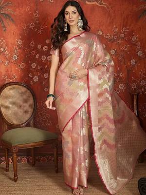Peach woven design zari tissue handloom banarasi saree 2