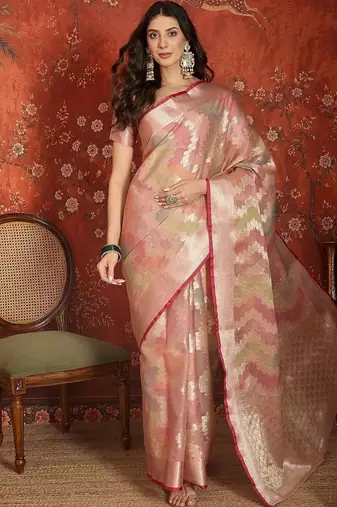 Peach woven design zari tissue handloom banarasi saree