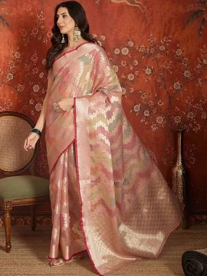 Peach woven design zari tissue handloom banarasi saree 3