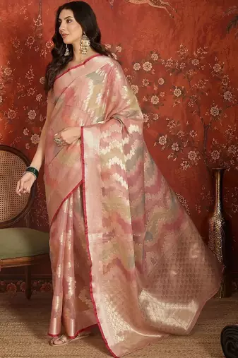 Peach woven design zari tissue handloom banarasi saree