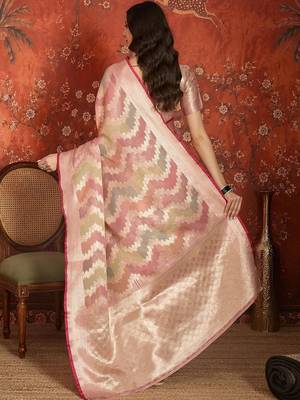 Peach woven design zari tissue handloom banarasi saree 4