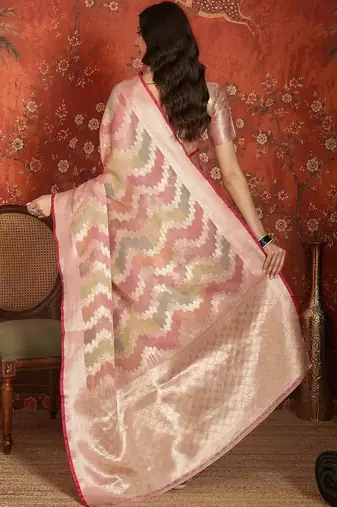 Peach woven design zari tissue handloom banarasi saree