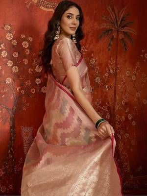 Peach woven design zari tissue handloom banarasi saree 5