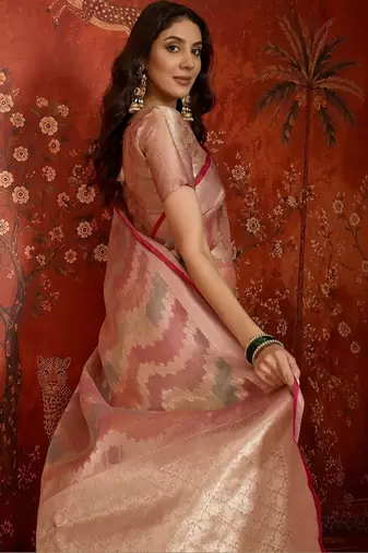 Peach woven design zari tissue handloom banarasi saree