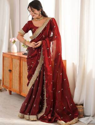 Maroon floral embroidered satin designer saree 1