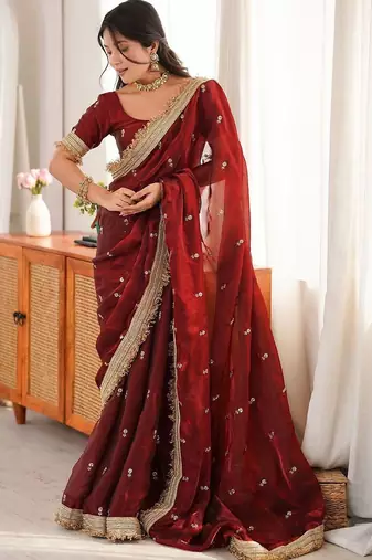 Maroon floral embroidered satin designer saree