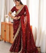 Maroon floral embroidered satin designer saree