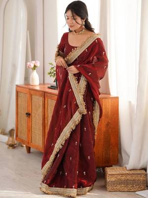 Maroon floral embroidered satin designer saree 2
