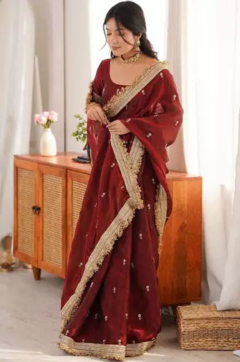 Maroon floral embroidered satin designer saree
